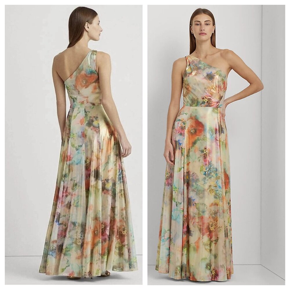 Lauren Ralph Lauren Floral Metallic Georgette One-Shoulder Gown